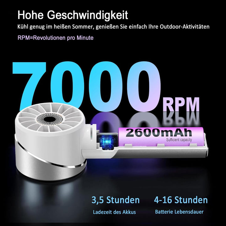 Handventilator Akku Aufladbar, Mini Stark Ventilator mit 7000 rpm Hohe Geschwindigkeit, Kleiner Meta