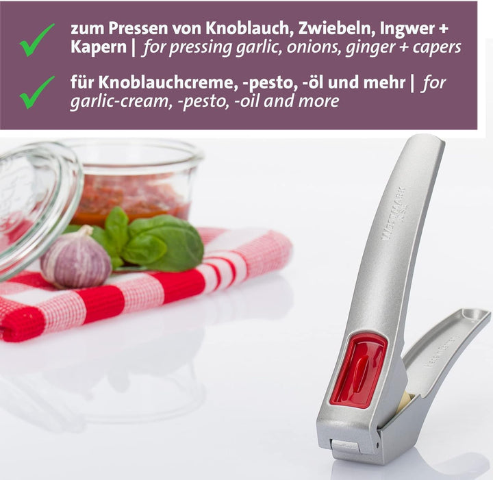 Westmark Knoblauchpresse mit extra grosser Kammer und Reinigungselement, Länge: 16,2 cm, Aluminium/K