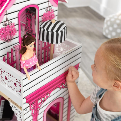 KidKraft Amelia Puppenhaus aus Holz mit Möbeln und Zubehör, Spielset mit Balkon und Aufzug für 30 cm