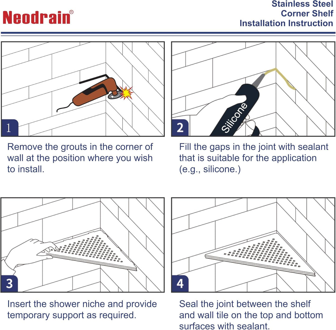 Neodrain Duschablage Edelstahl Eck-Duschregal Schwarz Eckregal Fliesen Eingelassen für Badezimmer, S
