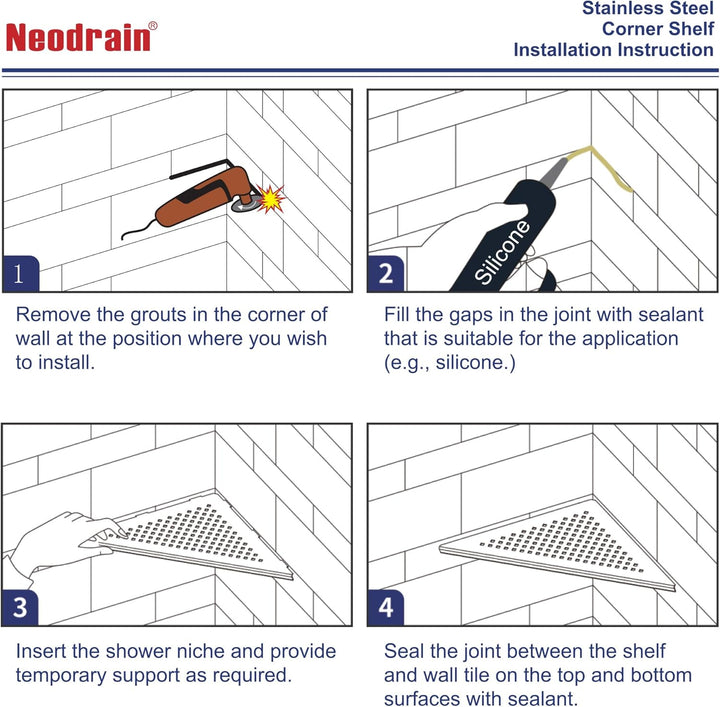 Neodrain Duschablage Edelstahl Eck-Duschregal Schwarz Eckregal Fliesen Eingelassen für Badezimmer, S