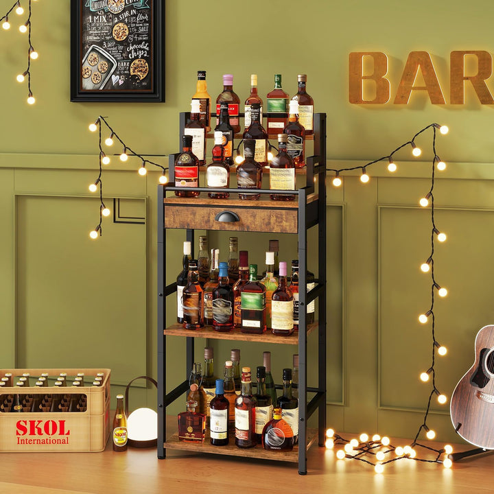IBUYKE Stufen Weinregal, Freistehend, Weinschrank mit Schublade und Ausstellungsregal für Whisky, Tr