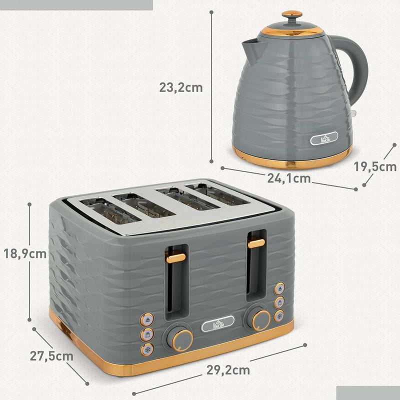 HOMCOM Wasserkocher Toaster Set Frühstück-Set mit 1,7L Wasserkocher, 4 Scheiben Toaster, 2200 W, 7 B