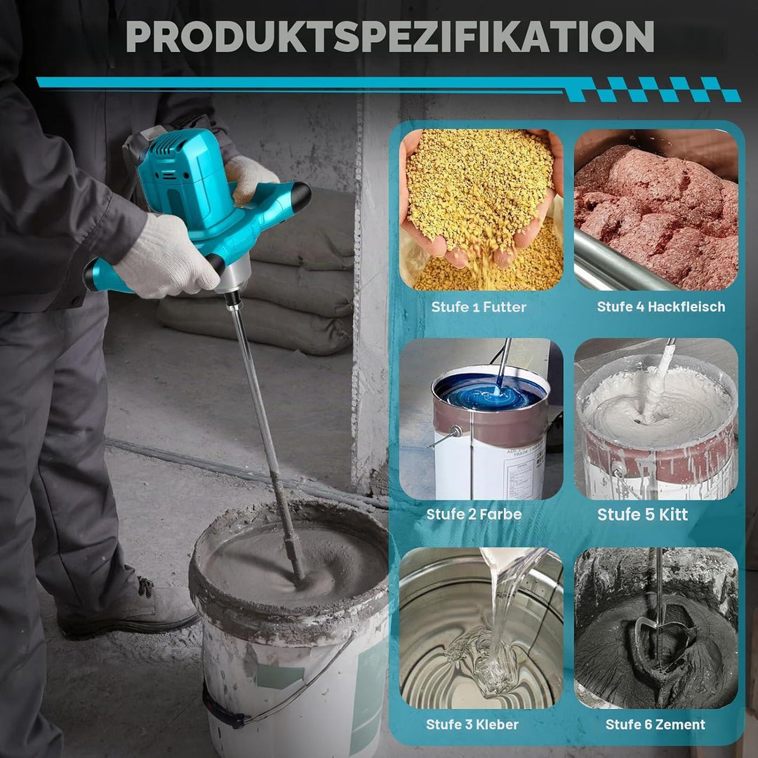 Akku Rührwerk für Farbe und Beton, Kompatibel mit Makita 18V Akku, Elektrischer Mörtelrührer mit 6 G