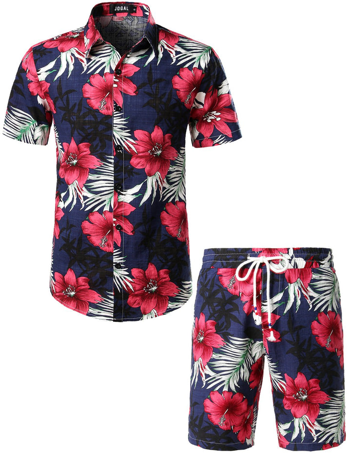 JOGAL Herren Casual Floral Blumenmuster Kurzarm Hawaiihemd Marine M, Marine M