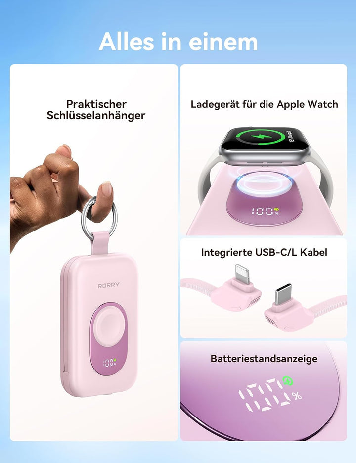 RORRY Powerbank,Power Bank 20000mAh 30W PD Schnellladen,Portable Charger mit 2 Integrierten Kabeln,