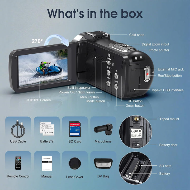 Videokamera 4K 30FPS Camcorder 80MP 18X Digitalzoom IR Nachtsicht Kamera | 3,0 Zoll IPS-Bildschirm V