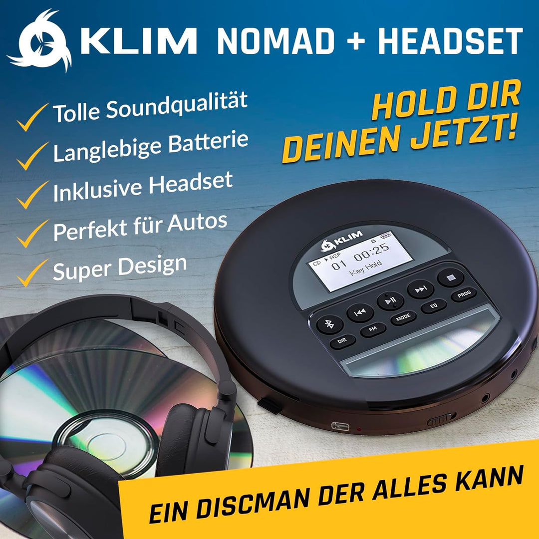 KLIM Nomad - Tragbarer CD-Player Discman mit langlebigem Akku - Inklusive Kopfhörer - Kompatibel mit