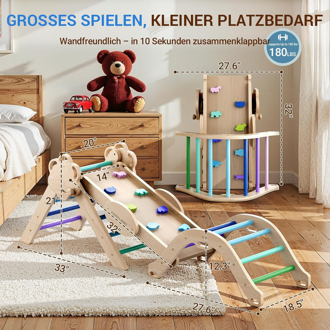 COSYLAND 8-in-1 Montessori Klettergerüst Indoor ab 1 Jahr – Kletterdreieck mit Rutsche, Kletterbogen