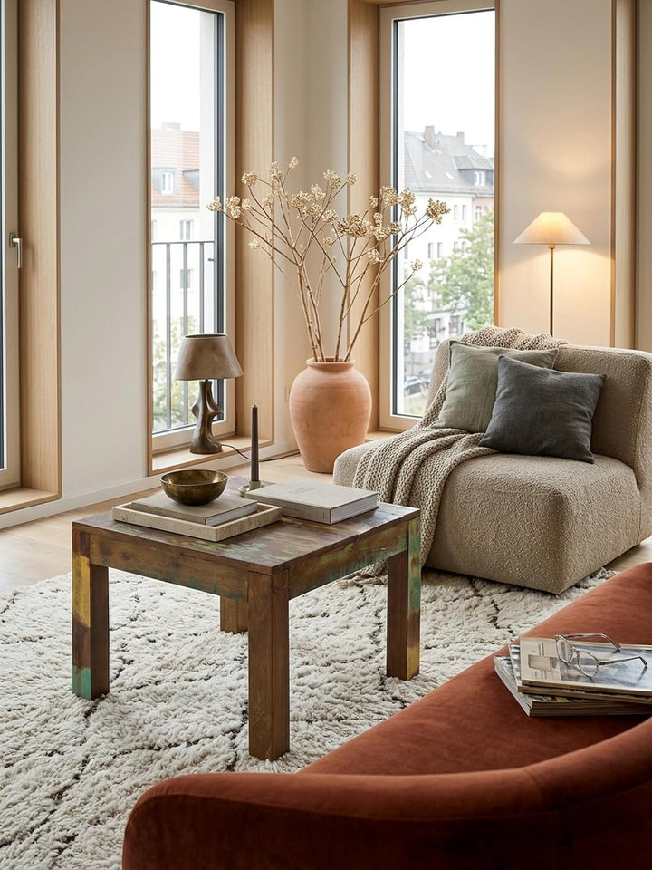 KADIMA DESIGN Rustikaler Couchtisch: Recyceltes Mango-Holz, Shabby-Chic-Design, robust, Klarlack-Bes