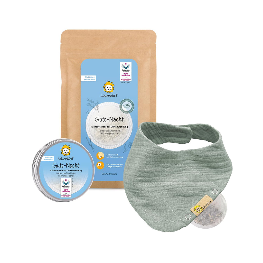 LÖWENKIND Gute-Nacht-Set für Einschlafprobleme bei Babys und Kindern Natürliche Kräuterpads ohne Zus