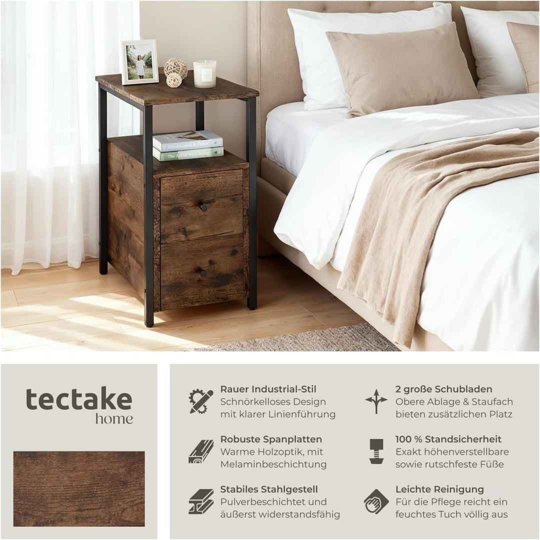 tectake Nachttisch mit 2 Schubladen und 2 Ablagen, schmaler Holz Beistelltisch, 30 x 49,5 x 61,5 cm,