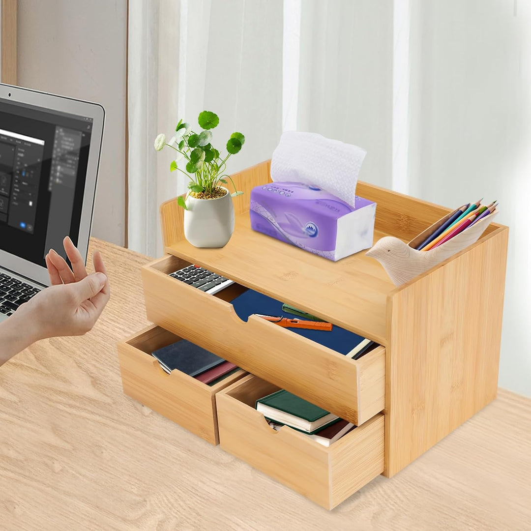 Bambus Schreibtischorganizer mit 3 Schubladen, Holz Schreibtischorganizer, Multifunktionaler Schreib