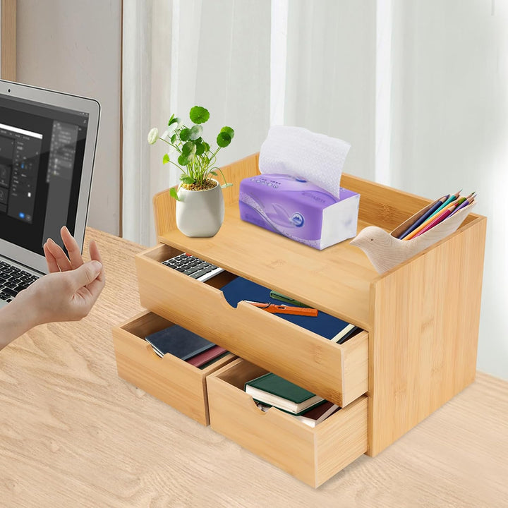 Bambus Schreibtischorganizer mit 3 Schubladen, Holz Schreibtischorganizer, Multifunktionaler Schreib