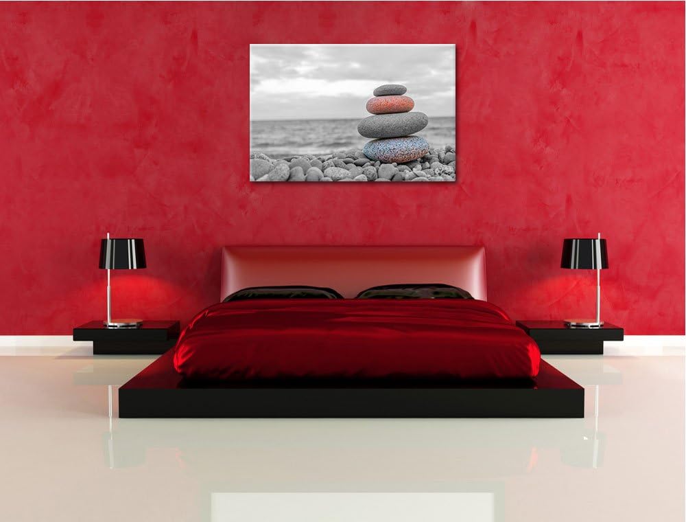 Steinturm auf Steinen schwarz/weiss Format: 100x70 auf Leinwand, XXL riesige Bilder fertig gerahmt m