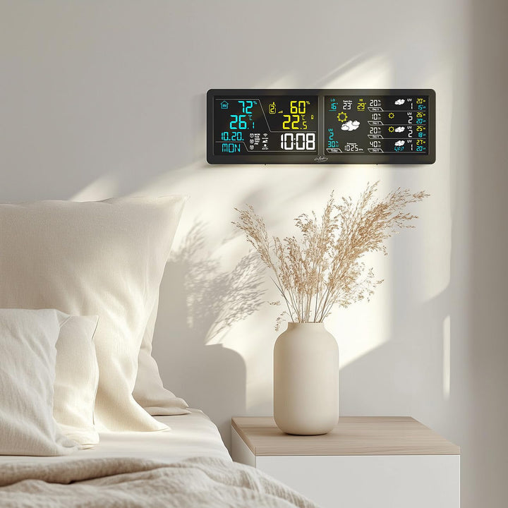 infactory Wanduhr: WLAN-Funk-Wetterstation mit Widescreen-VA-Display, Aussensensor und App (WLAN-Far