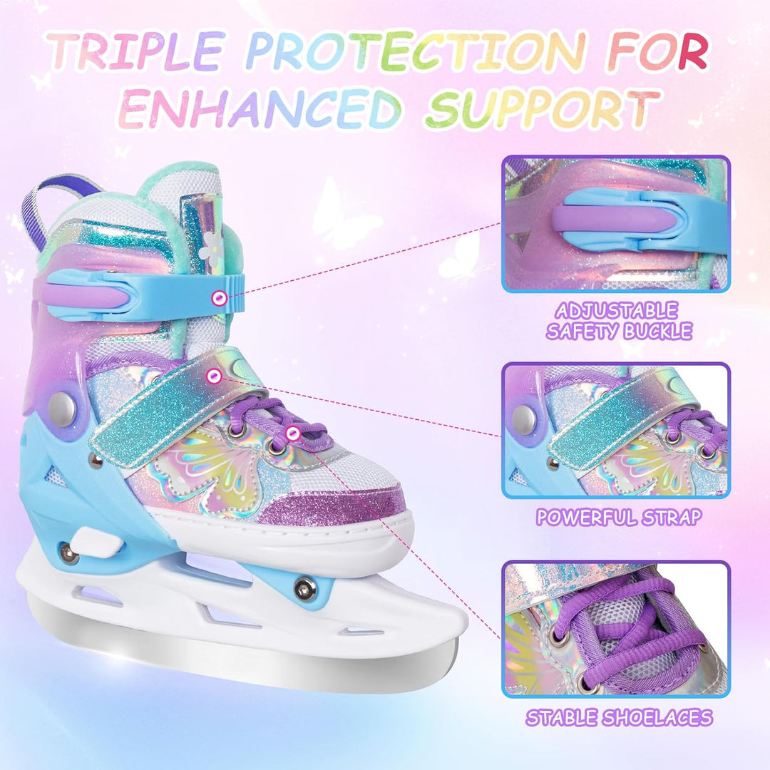 Nattork Mädchen-Eislaufschuhe für Kinder, 4-Fach verstellbar, Butterfly-Eislaufschuhe mit Fleecefutt
