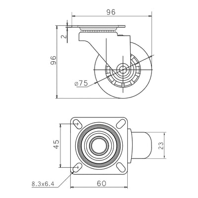 SOTECH 4 Stück Lenkrollen SWIFT Rollen-Ø 75 mm transparent, Transportrollen belastbar bis 140 kg (35