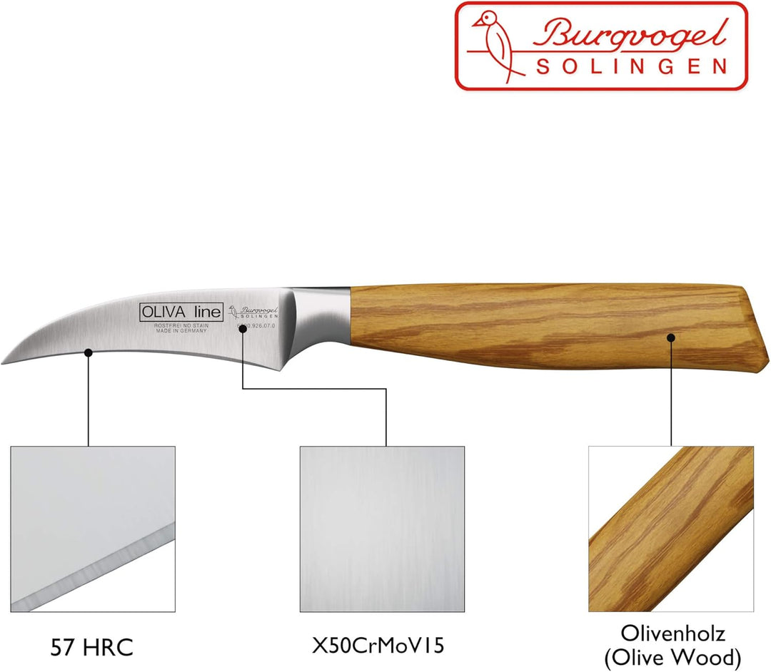Burgvogel Solingen Tourniermesser 7 cm geschmiedet Olivenholz, Oliva Line, rostfrei, deutsches Schäl