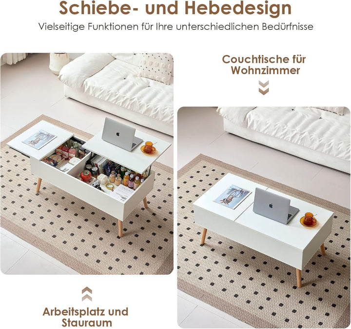 JanflyHome Couchtisch, Höhenverstellbarer Couchtisch, Couchtisch Höhenverstellbarer mit Schiebeplatt