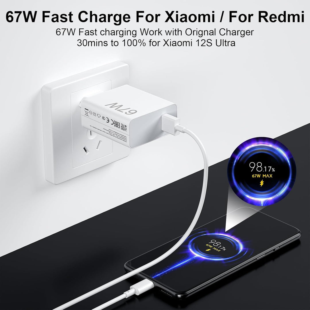 67W USB Ladegerät mit 6A USB C Kabel 1M für Mi Turbo Charge Schnelles Ladegerät für Redmi Note 12 11