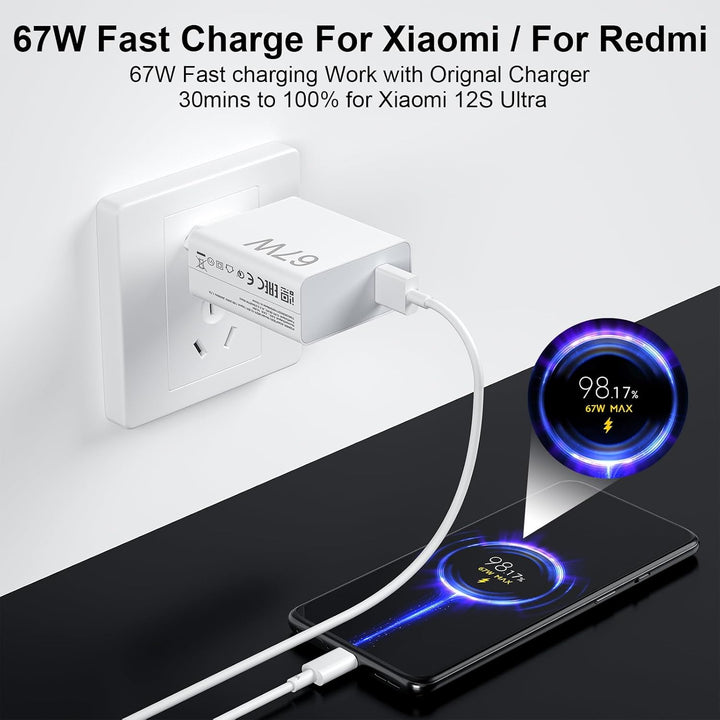 67W USB Ladegerät mit 6A USB C Kabel 1M für Mi Turbo Charge Schnelles Ladegerät für Redmi Note 12 11