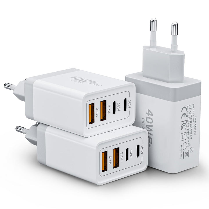 3er Pack USB C Ladegerät Mehrfach, 40W 4-Port USB-C Schnellladegerät Netzteil, USBC Adapter USB Lade
