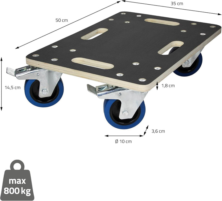 ECD Germany 2er Set Transportroller mit 2X Feststellbremse, 35x50 cm, 800kg Siebdruckplatte, PP-Räde