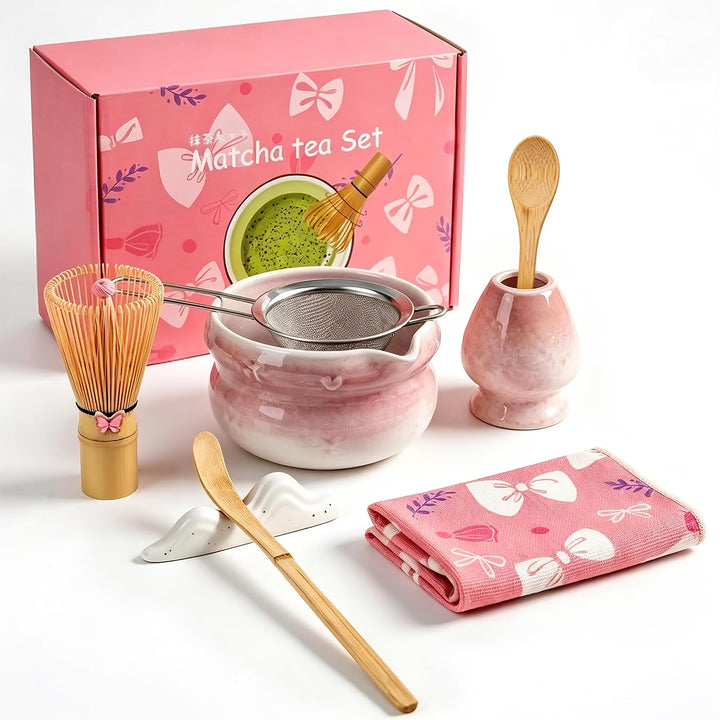 Matcha Set 8-Piece Premium Tea Ceremony Kit with Ceramic Bowl, 100+ Tines Bamboo Whisk (Chasen), Hol