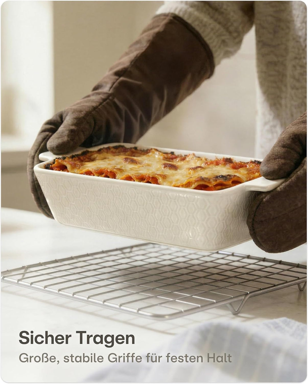 Auflaufform Gross aus Keramik - Für Lasagne, Tiramisu & Auflauf - Extra Hoher Rand - Eckig - Weiss,