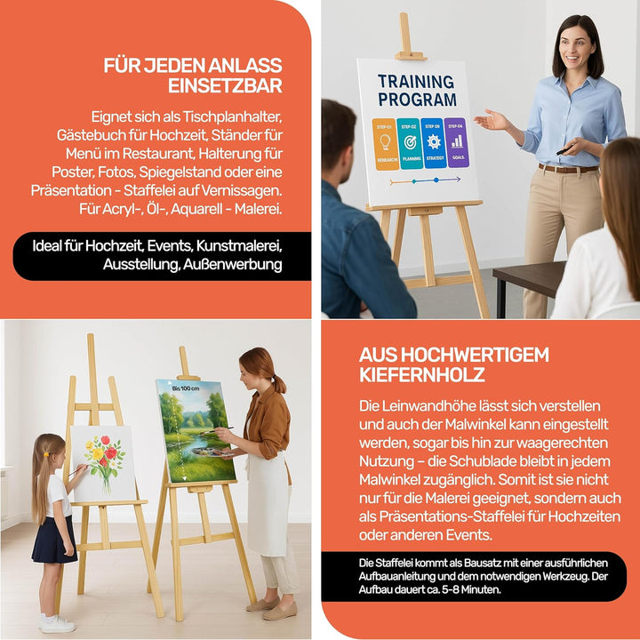 XXL Staffelei Gross 170 cm aus Kiefernholz für Leinwand bis 100 cm. Geeignet für Kinder und Erwachse