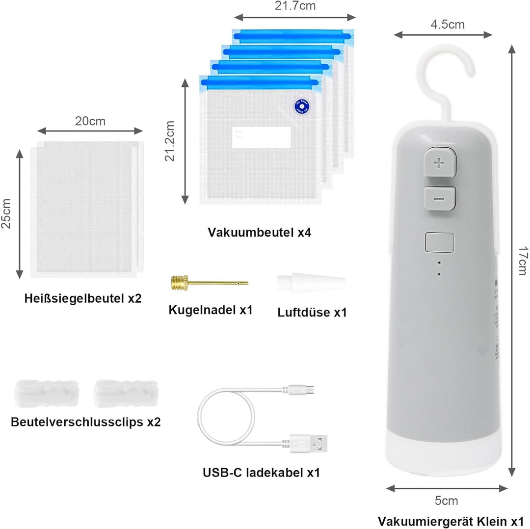 Vakuumiergerät Mini, 4-in-1-Funktion Handvakuumierer Vakuum,Verschluss,Aufblasbar&Öffnen mit 8 Aufbe