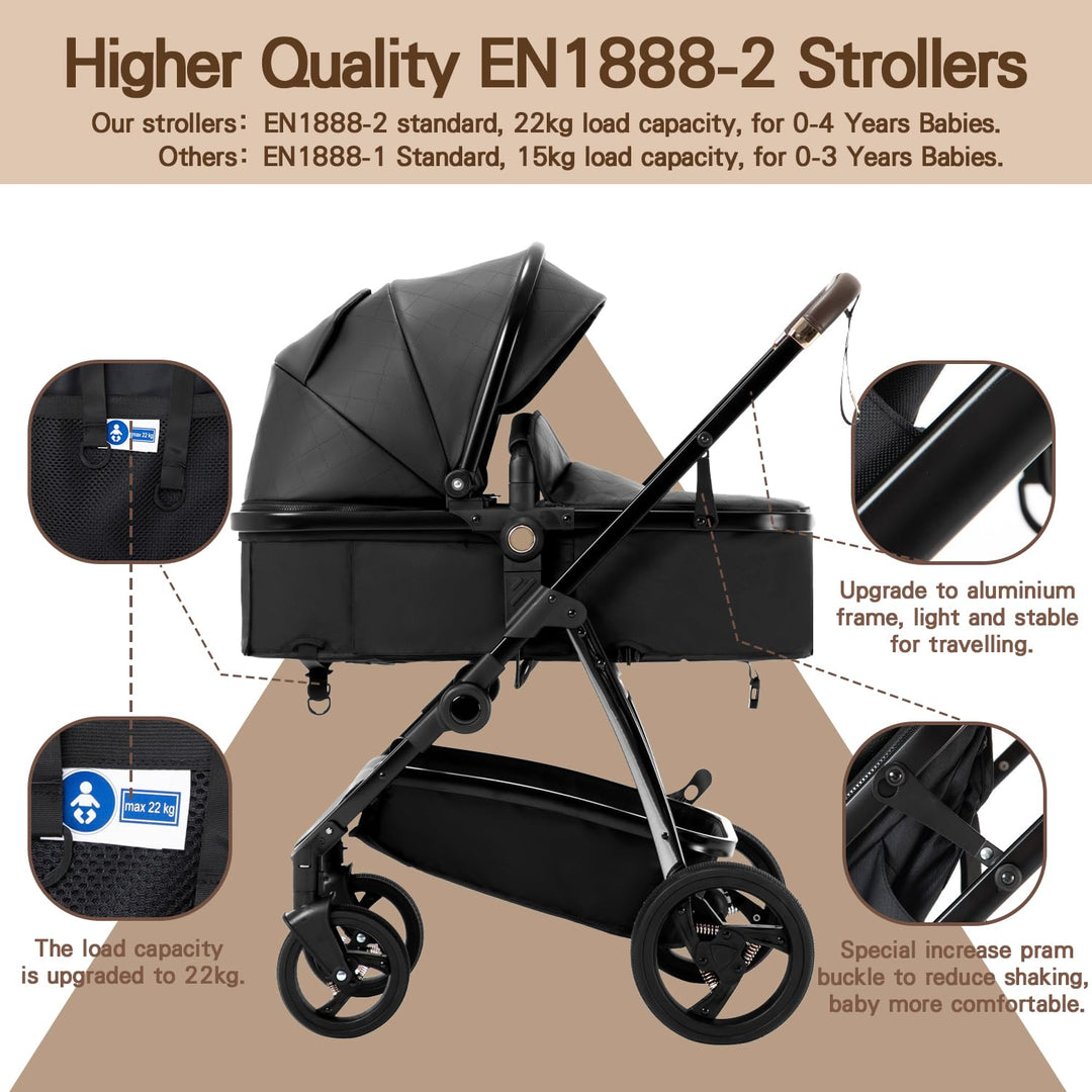 Gcarebb PU Leder 3 in 1 Kinderwagen, Buggy Mit Auto Babyschale, Mit Einem Klick Zusammenklappbarer T