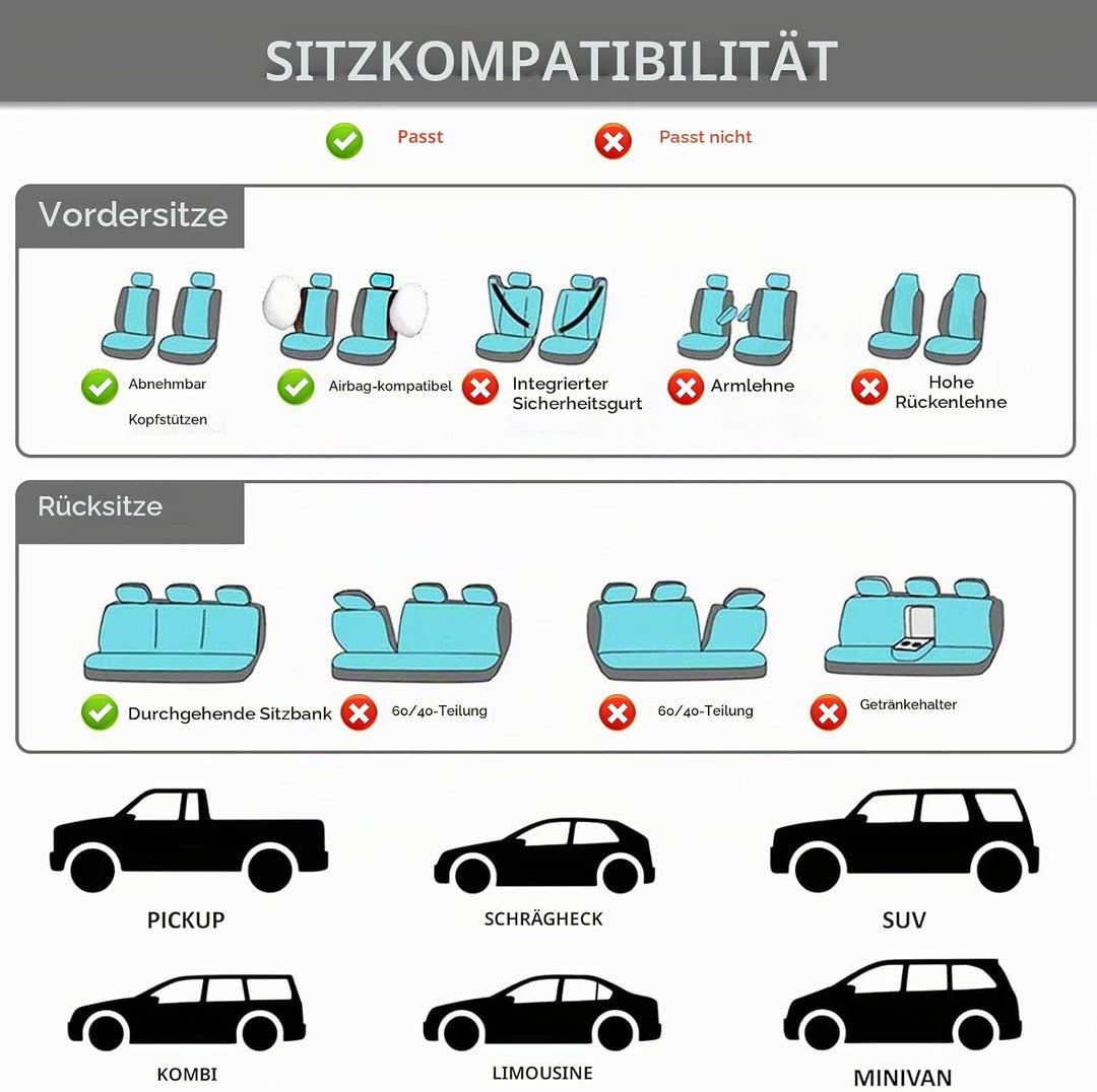 9 Stück Universal Autositzbezüge, Sitzbezüge Auto Für 5 Sitzer, Autositzauflage Set Seiten-Airbag-ko