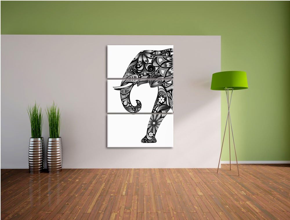 Pixxprint Monocrome, Elefant mit Ornamenten 3-Teiler Leinwandbild 120x80 Bild auf Leinwand