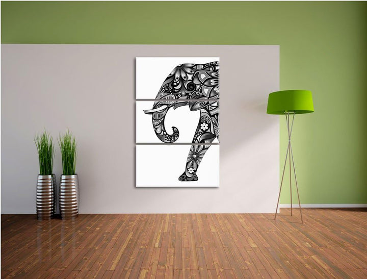 Pixxprint Monocrome, Elefant mit Ornamenten 3-Teiler Leinwandbild 120x80 Bild auf Leinwand