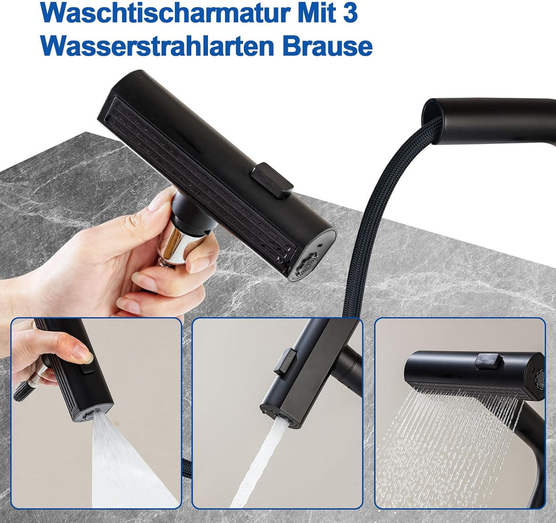 Wasserhahn Bad 360°Schwenkbar Spültischarmatur LED Temperaturanzeige,Aufsatzwaschbecken mit 3 Wasser