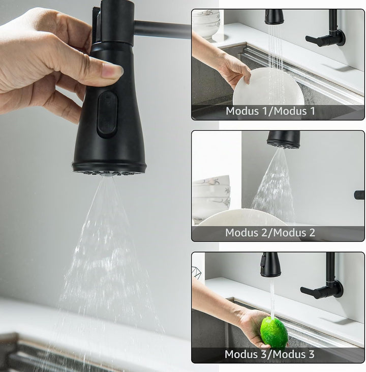 LIWEIKE Wasserhahn Kaltwasser Schwarz, 360° Drehbarer Kaltwasser armaturen mit 3 Strahlarten Wasserh