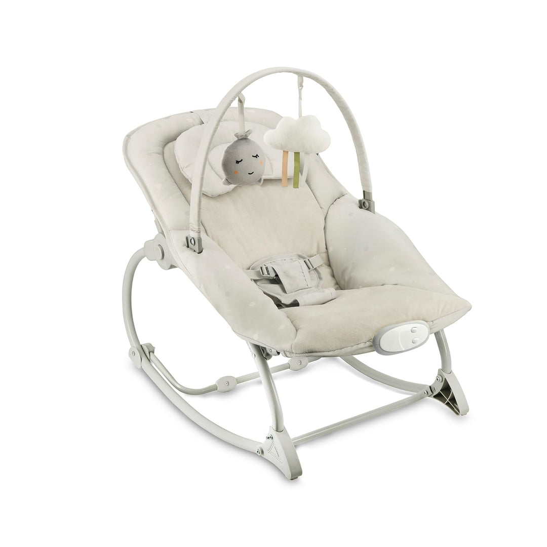 MoMi Babywippe LAPIS für Babys bis 12 kg, Batteriebetrieb, 3-Punkt-Sicherheitsgurt, Bügel und 2 Spie