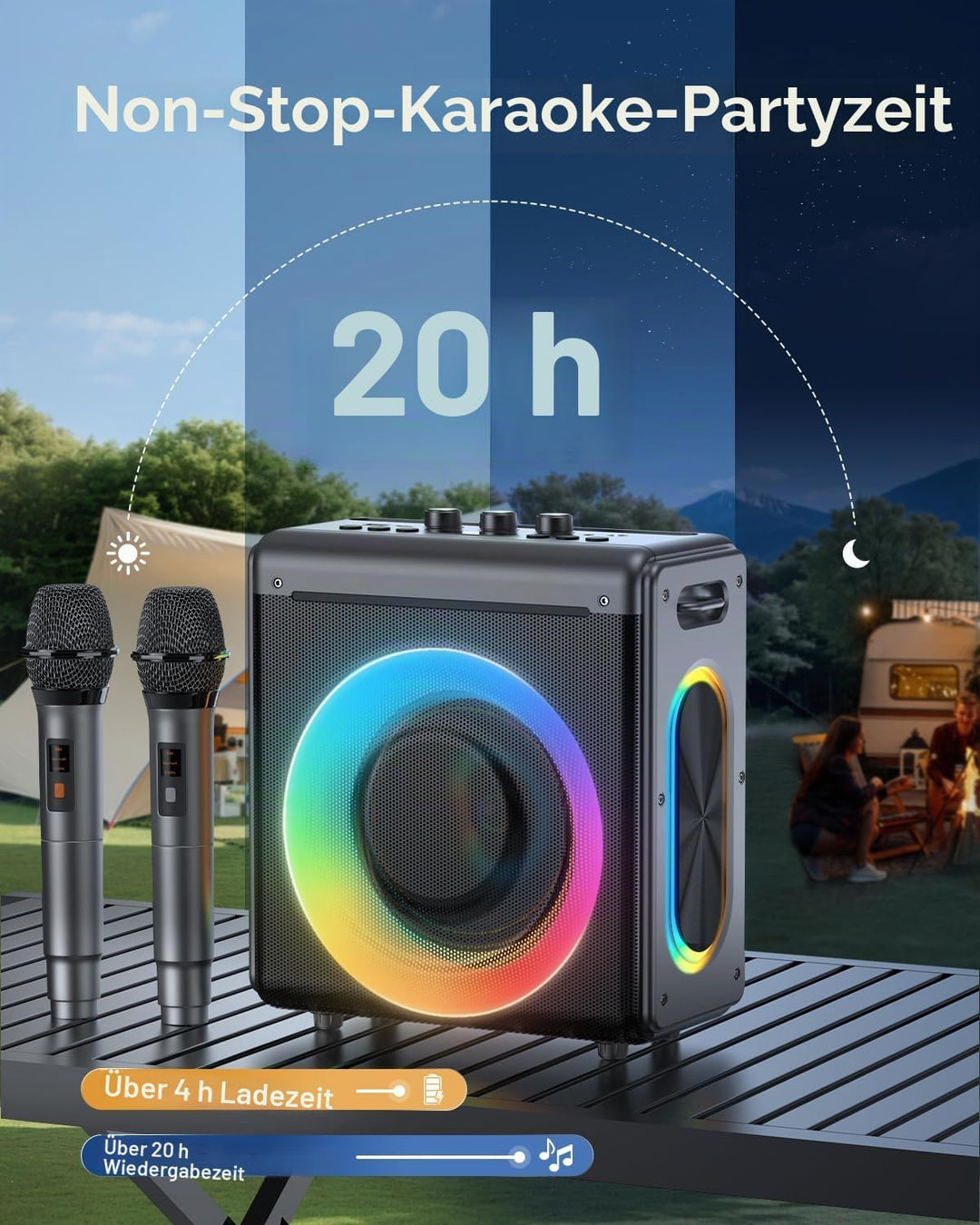 Karaoke Maschine mit 2 mikrofonen, wiederaufladbaren Mikrofonen: Tragbarer Bluetooth-Lautsprecher fü