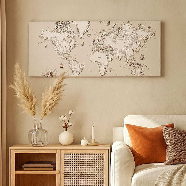 Panorama Bilder auf Leinwand 100x40cm Leinwandbild Karte Welt Klassiker Kontinente Gross Wanddeko Bi