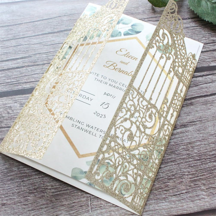 Goldene Hochzeitseinladungen funkelnde Gate Laser Design für Hochzeit Verlobung Meerjungfrau 25 Sets