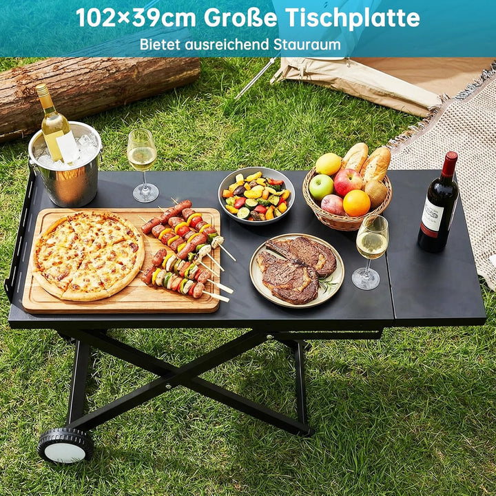 LIFERUN Klappbarer Grillwagen mit Grosser Arbeitsfläche(102x39 cm) & 2 Räder,Tragbarer Grilltisch mi