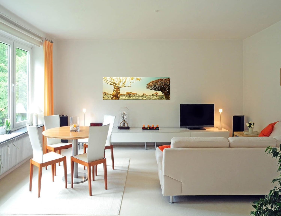 Paul Sinus Art Panoramabild auf Leinwand und Keilrahmen 150x50cm Afrika Wiese Bäume Sonnenstrahlen W