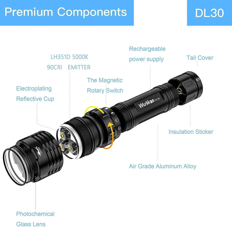 Wurkkos DL30 Tauchlampe, 3600 Lumen Tauchen Taschenlampe Wiederaufladbar, IPX8 Wasserdicht, 3* CRI 9