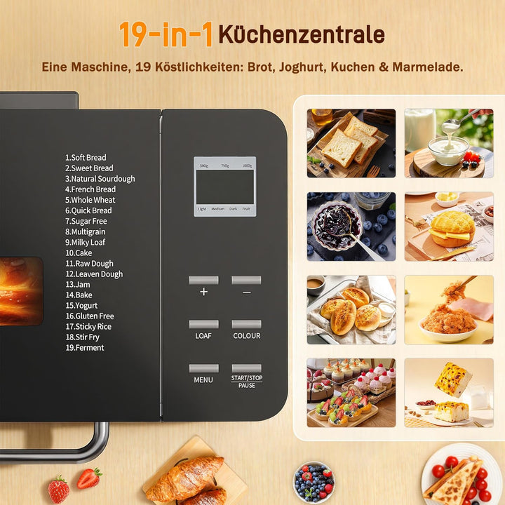 JUMMICO 19-in-1 Brotbackautomat mit automatischer Beigabe & Edelstahl-Gehäuse | 1kg Kapazität (3 Grö