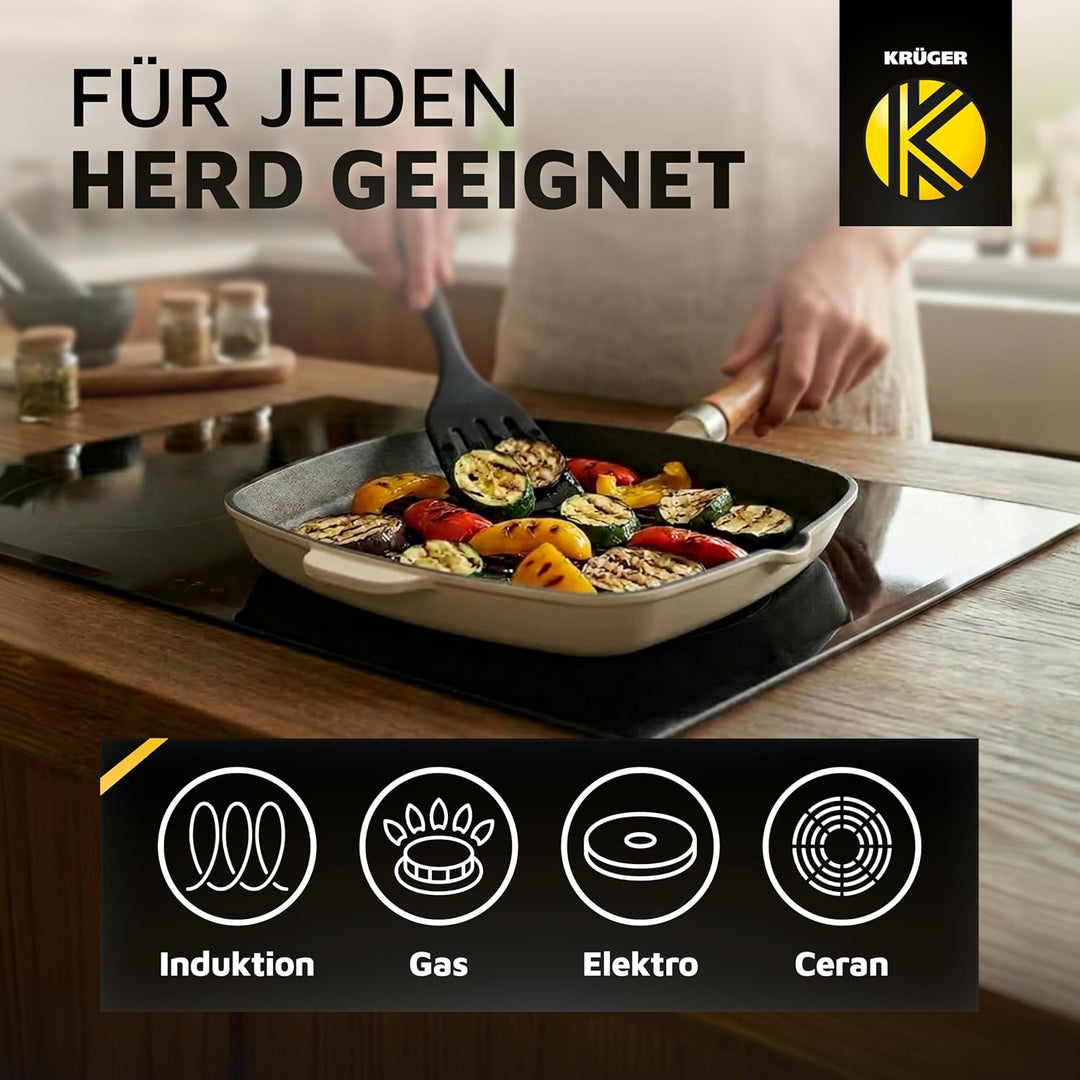 KRÜGER Gusseisen-Grillpfanne mit Holzgriff - 28 x 28 cm - emailliert - hohe Hitzebeständigkeit und l