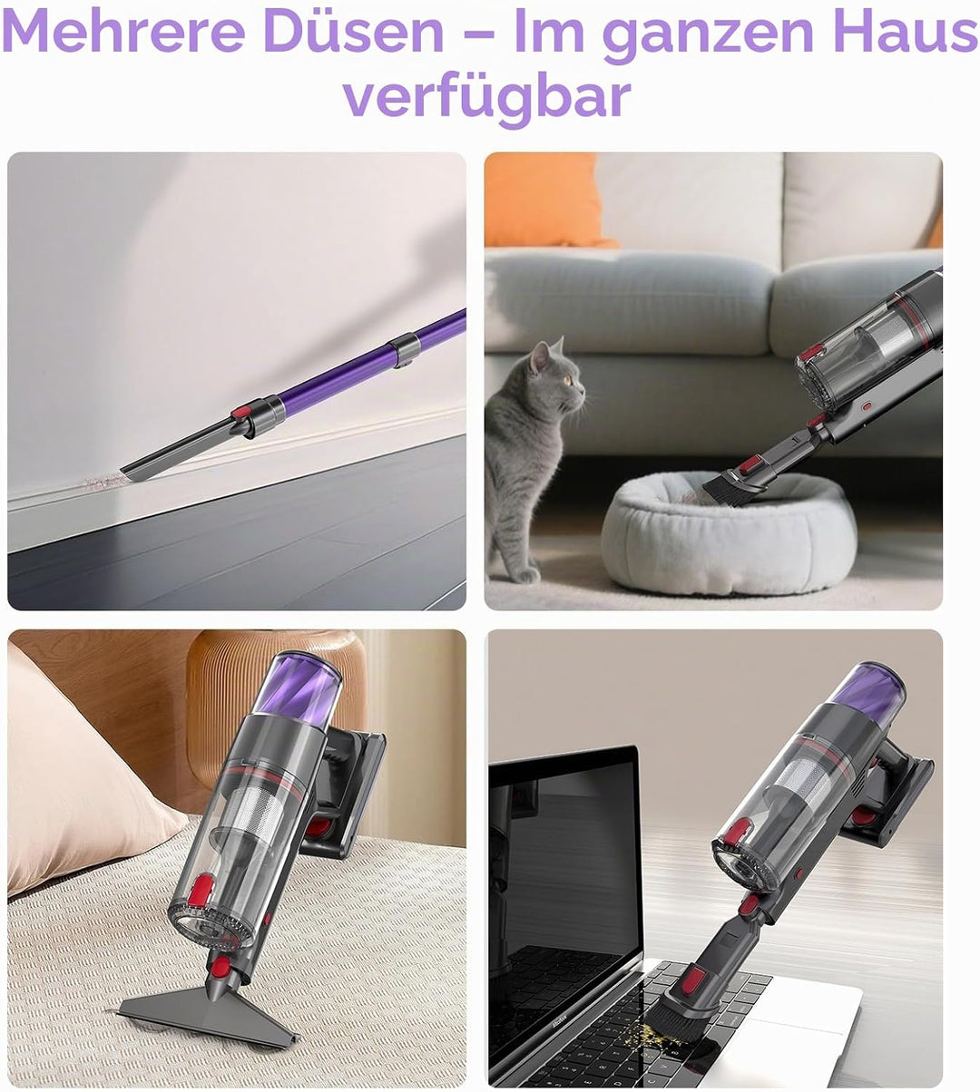 AKKU Staubsauger Kabellos 550W Leistungstark, Akku Sauger Beutellos mit Touchscreen Selbststehend An