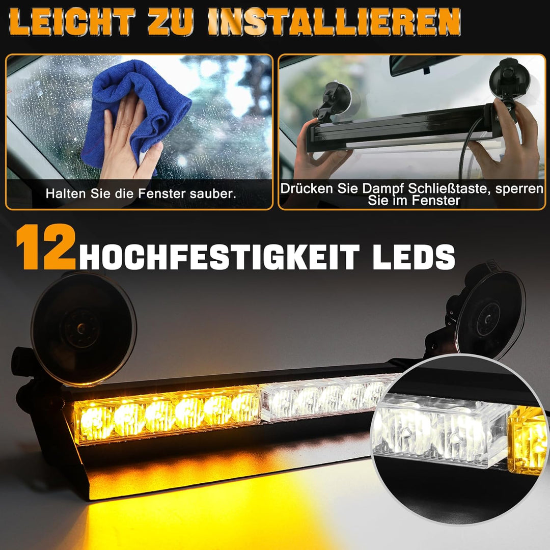 ROUTEKING Warnleuchte 12LED Frontblitzer - 9 Blinkende Stroboskop-Modi Blitzleuchte, IP66 Waterproof