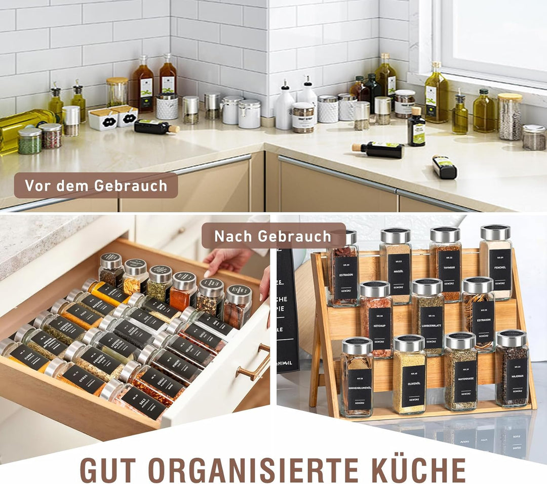 Gewürzgläser Eckig 24 Stück mit Edelstahl-Deckel & Gewürzmühle – Luftdichte Gewürzdosen Set inkl. 20